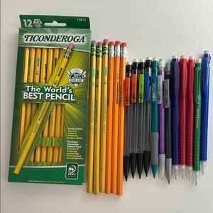 Assorted Wood Mechanical Pencils Set + Erasers + Erasable Highlighters